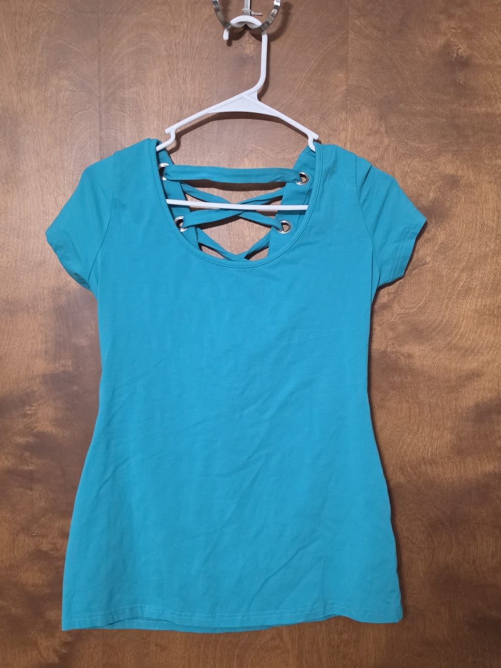 Women's Short-Sleeve Crisscross Neck Tee in Teal